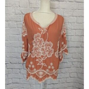 SOLITAIRE Embroidered Boho Top Juniors Large Orange Peach‎ Hippie Festival